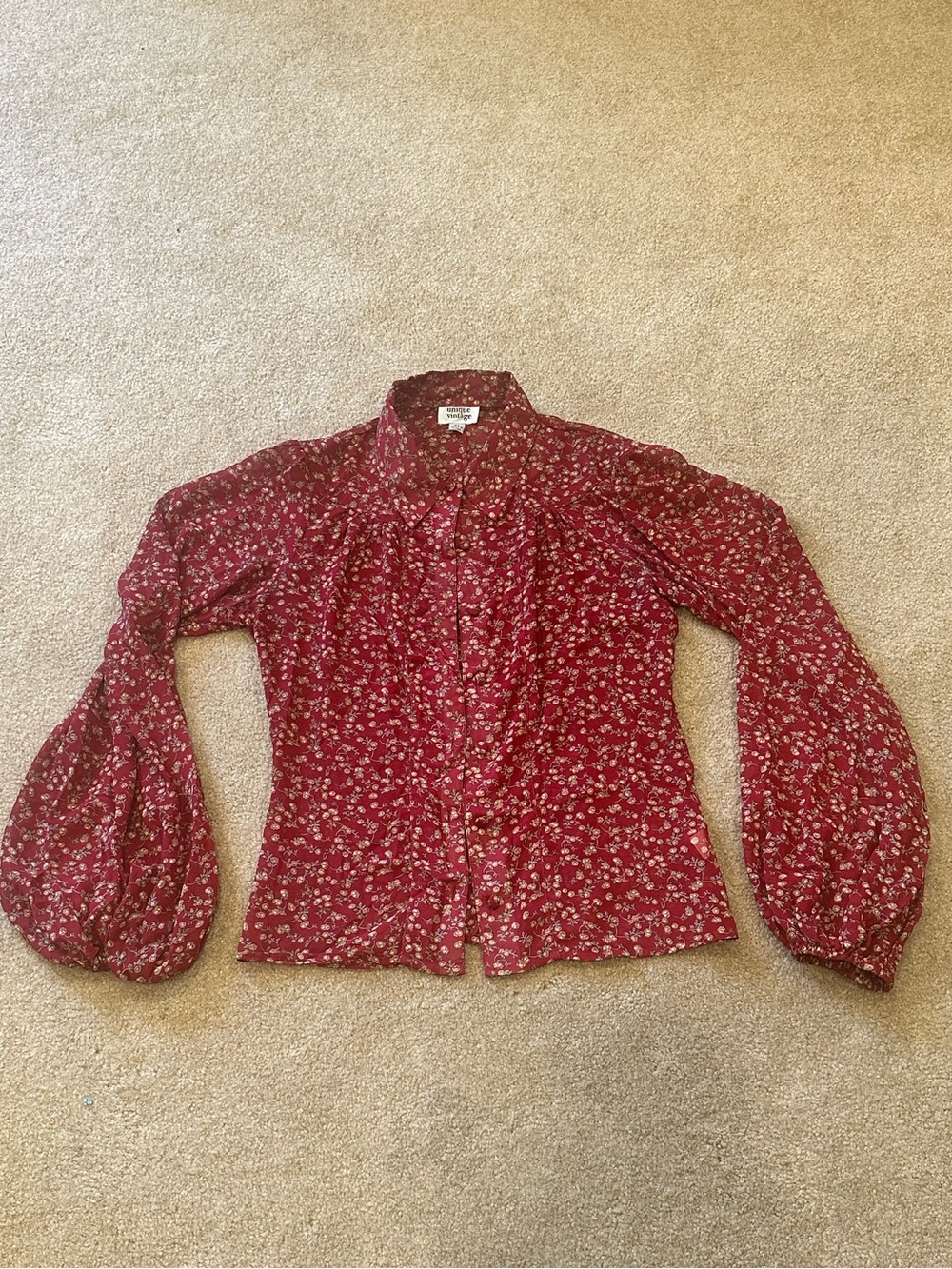Unique Vintage Red Floral Button-Up Blouse